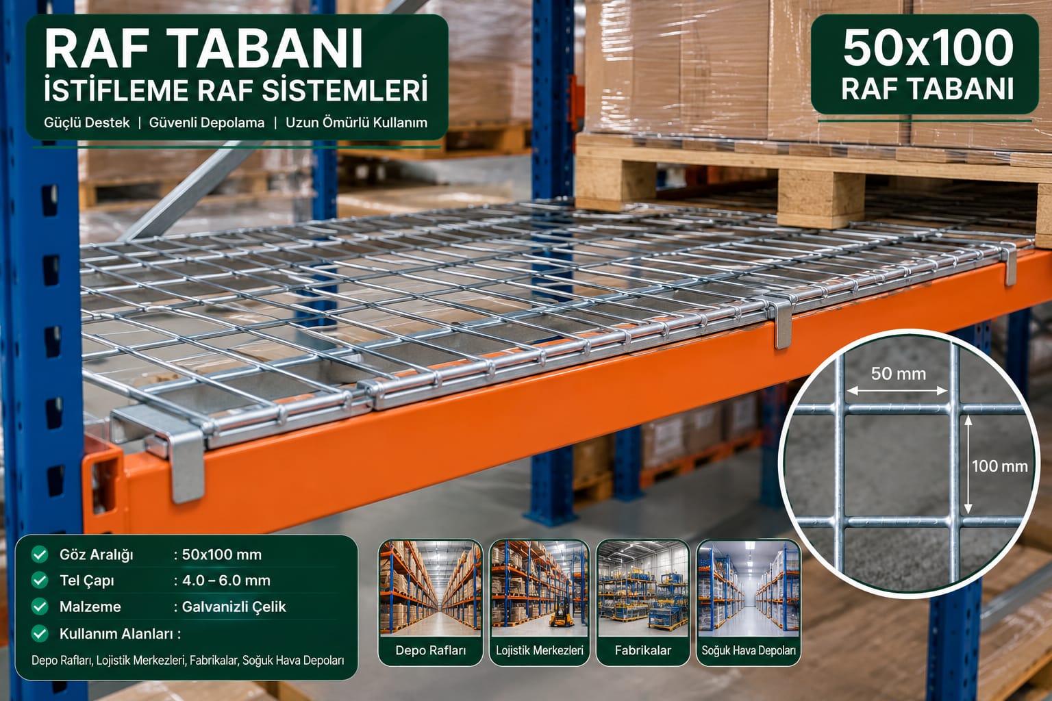 Depo rafına yerleştirilmiş 50×100 mm göz aralıklı tel raf tabanı uygulama görseli