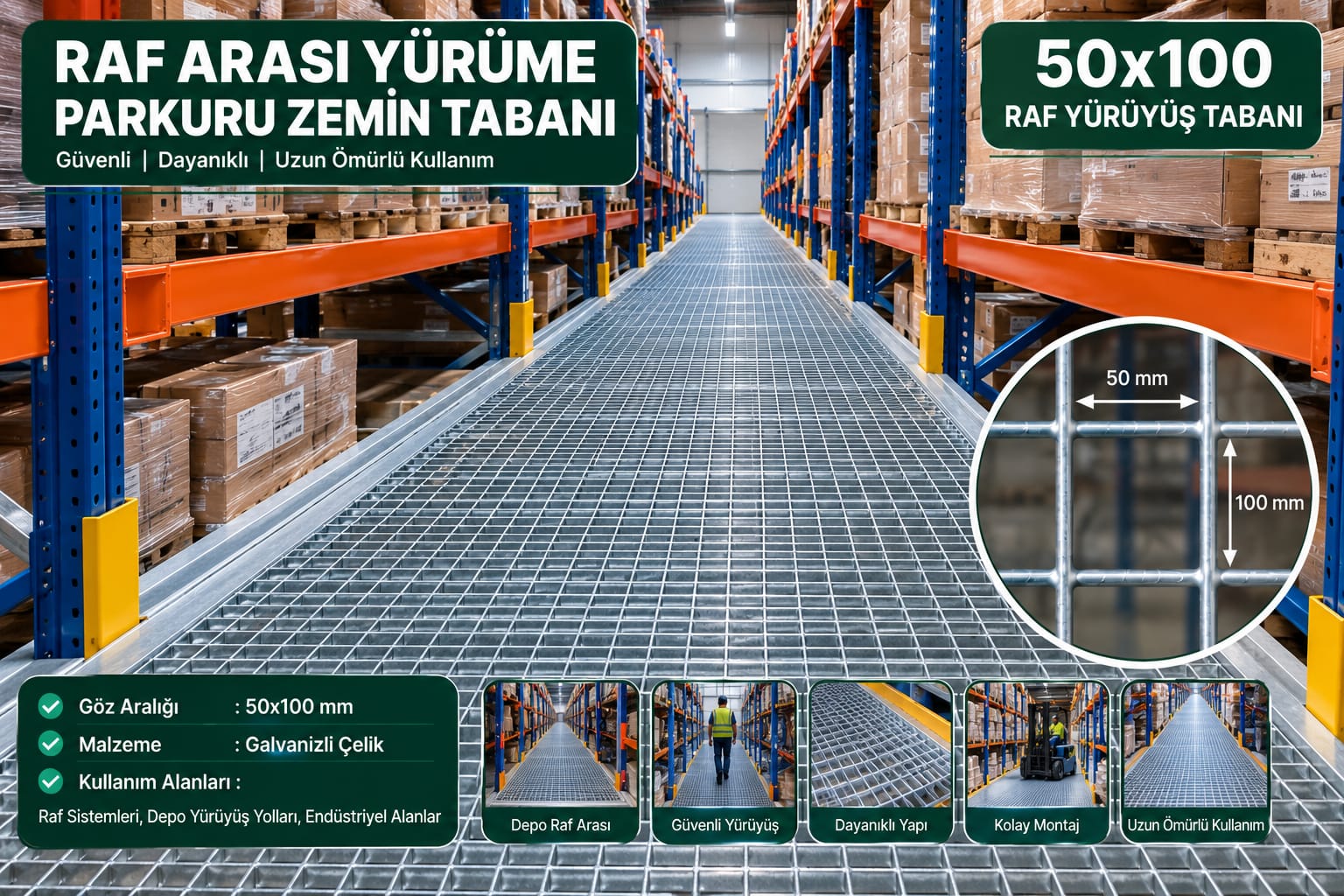 Depo rafları arasında 50×100 mm göz aralıklı tel yürüme tabanı uygulama görseli