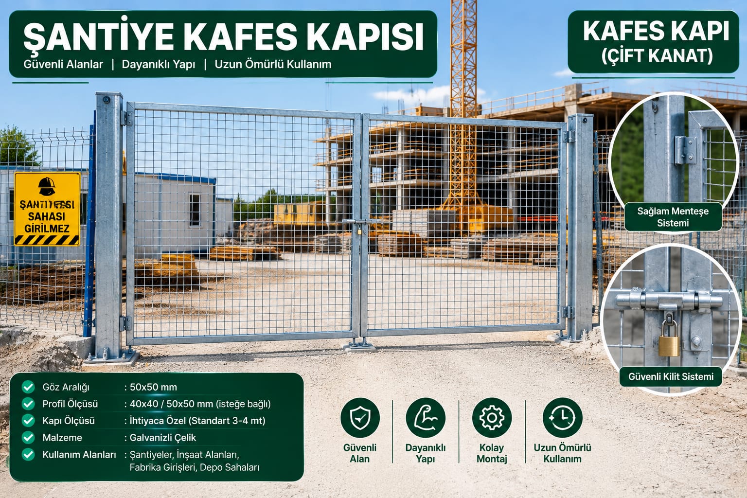 Şantiye girişindeki menteşeli ve asma kilitli çift kanat kafes kapı uygulama görseli